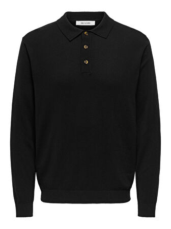 ONSLOUI REG 12 LS MEL POLO KNIT NOOS Erkek Siyah T-Shirt - 22033758