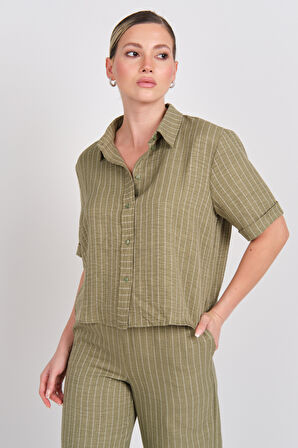 JDY Kadın Jdypower Çizgili Kısa Kollu Gömlek 15347235 Haki