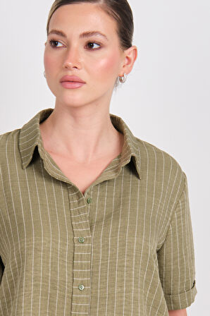 JDY Kadın Jdypower Çizgili Kısa Kollu Gömlek 15347235 Haki