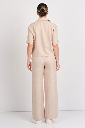 JDY Kadın Jdypower Çizgili Kısa Kollu Gömlek 15347235 Bej