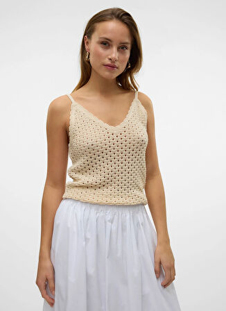 Vero Moda V Yaka Normal Krem Kazak Kadın VMREGINA SL V-NECK TOP