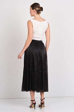 Vero Moda Kadın Vmvıps Pileli Beli Lastikli Maxi Etek 10328017 Siyah