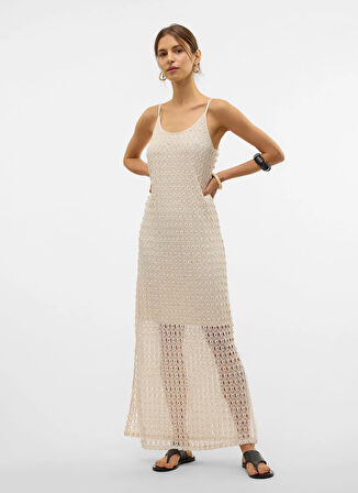 Vero Moda Geniş Yaka Krem Uzun Kadın Elbise VMDYLIE S/L V-NECK ANKLE DRESS WVN