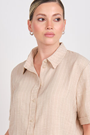 JDY Kadın Jdypower Çizgili Kısa Kollu Gömlek 15347235 Bej