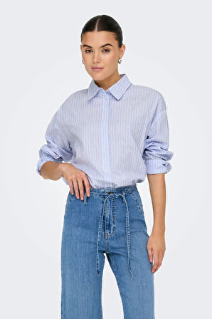 Only Kadın Onlrımını Taş Detaylı Uzun Kol Pamuklu Gömlek 15352703 Mavi