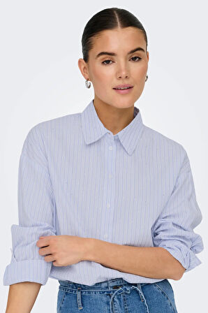 Only Kadın Onlrımını Taş Detaylı Uzun Kol Pamuklu Gömlek 15352703 Mavi
