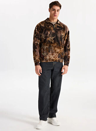 Only & Sons Yüksek Yaka Kahve Erkek Sweatshırt ONSBILLY VTG WASHED AOP HALFZIP SWE