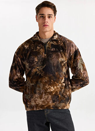 Only & Sons Yüksek Yaka Kahve Erkek Sweatshırt ONSBILLY VTG WASHED AOP HALFZIP SWE