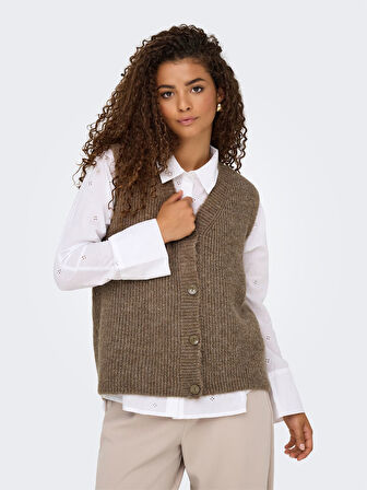 ONLJANE SL V-NECK BUTTON VEST KNT Kadın Kahverengi Yelek - 4815340