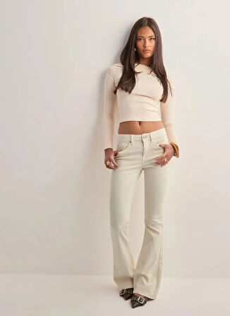 Vero Moda Orta Bel Geniş Paça Flare Krem Kadın Denim Pantolon VMFLASH MR FLARED CORDUROY PANTS NO