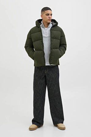 Jack & Jones Erkek Jjglobal Kapüşonlu Şişme Mont 12283517 Koyu Yeşil