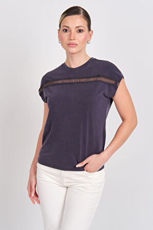 Only Kadın Onlfree Dantel Detaylı Kısa Kollu T-Shirt 15350108 Lacivert