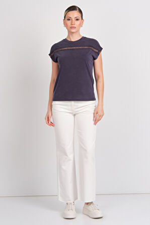 Only Kadın Onlfree Dantel Detaylı Kısa Kollu T-Shirt 15350108 Lacivert