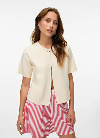 Vero Moda Bisiklet Yaka Normal Krem Kazak Kadın VMGOLD SS O-NECK ONE BUTTON CARDIGA