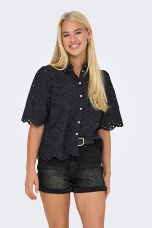 Only Onlvalais % 100 Pamuk Regular Fit Klasik Yaka Ajurlu Gömlek Bayan GÖMLEK 15351106 SİYAH