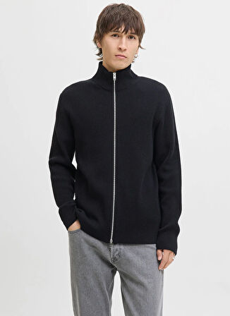 Jack & Jones Yüksek Yaka A-Form Fit Siyah Erkek Kazak 12279409_JJEPERFECT KNIT ZIP CARDIG