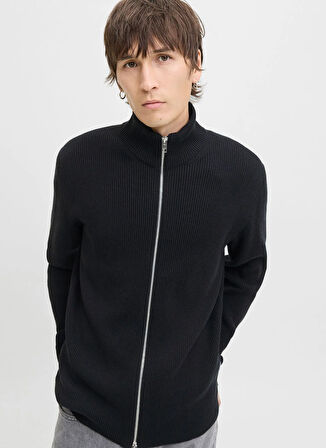Jack & Jones Yüksek Yaka A-Form Fit Siyah Erkek Kazak 12279409_JJEPERFECT KNIT ZIP CARDIG