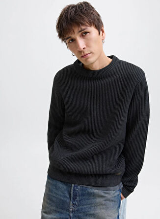 Jack & Jones Bisiklet Yaka Normal Siyah Erkek Kazak 12278816_JJEDOVER KNIT CREW NECK SN