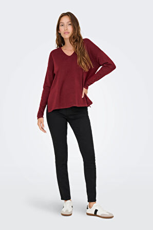 Only Kadın Onlamalıo Oversize V Yaka Örme Kazak 15340735 Bordo