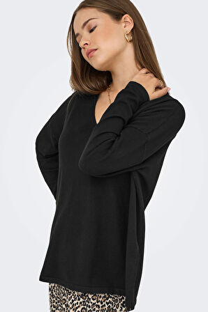 Only Kadın Onlamalıo Oversize V Yaka Örme Kazak 15340735 Siyah