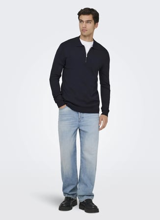 Only & Sons Lacivert Erkek Kazak 22034225 ONSWYLER HALF ZIP POLO KNT