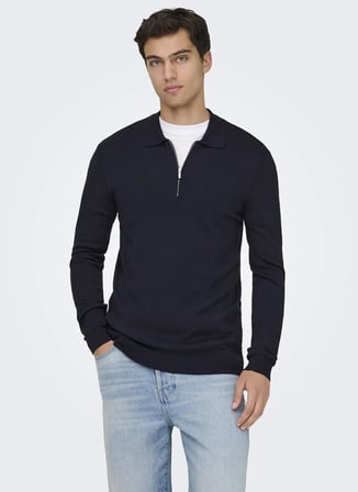 Only & Sons Lacivert Erkek Kazak 22034225 ONSWYLER HALF ZIP POLO KNT