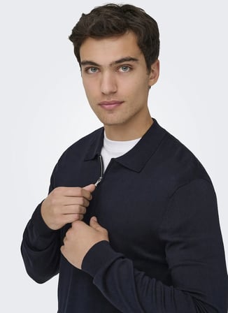 Only & Sons Lacivert Erkek Kazak 22034225 ONSWYLER HALF ZIP POLO KNT