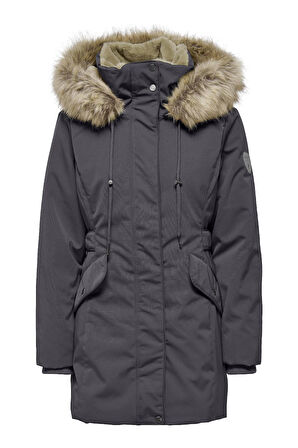 Kadın Only ONLNEWPRISKA Parka – Kapüşonlu, Suni Kürklü, Uzun Kollu, Siyah Kışlık Mont 