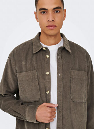 Only & Sons Rahat Açık Kahve Jakarlı Erkek Gömlek ONSALP RLX 2PKT WASHD CORD LS SHIRT