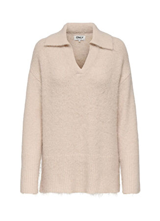 Only V Yaka Rahat Düz Krem Kadın Kazak ONLMAGGIE LIFE LS POLO CC KNT