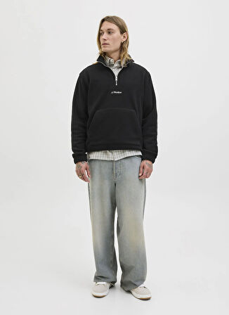 Jack & Jones Yüksek Yaka Siyah Erkek Sweatshırt 12279680_JJESOHO HALF ZIP FLEECE SN