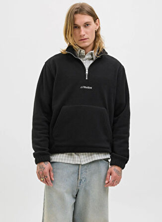 Jack & Jones Yüksek Yaka Siyah Erkek Sweatshırt 12279680_JJESOHO HALF ZIP FLEECE SN