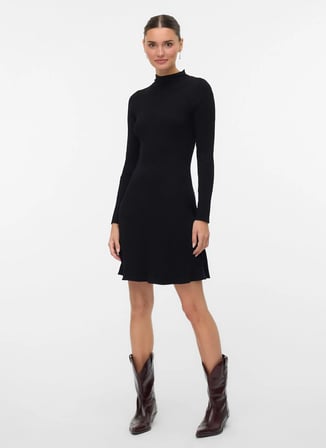 Vero Moda Bisiklet Yaka Siyah Uzun Kadın Elbise VMNANCY RIB LS FUNLNCK SKATER DRESS