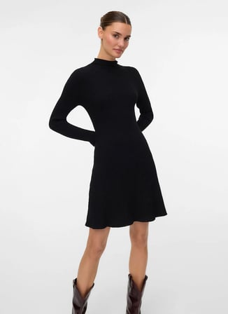 Vero Moda Bisiklet Yaka Siyah Uzun Kadın Elbise VMNANCY RIB LS FUNLNCK SKATER DRESS