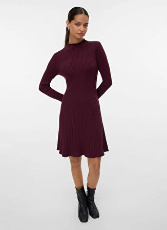 Vero Moda Bisiklet Yaka Bordo Uzun Kadın Elbise VMNANCY RIB LS FUNLNCK SKATER DRESS