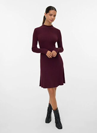 Vero Moda Bisiklet Yaka Bordo Uzun Kadın Elbise VMNANCY RIB LS FUNLNCK SKATER DRESS