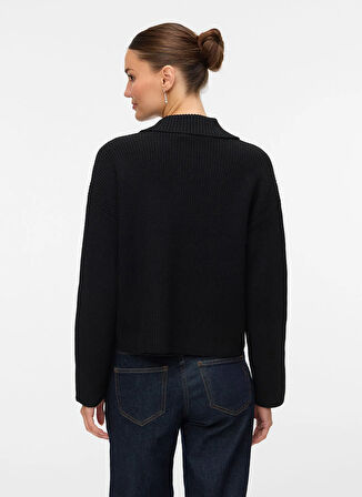 Vero Moda Polo Yaka Normal Siyah Kazak Kadın VMLUNA LS POLONECK SHORT PULLOVER B