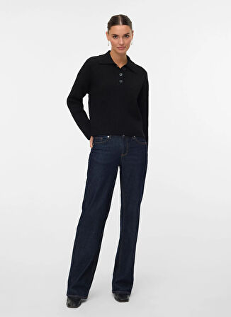 Vero Moda Polo Yaka Normal Siyah Kazak Kadın VMLUNA LS POLONECK SHORT PULLOVER B