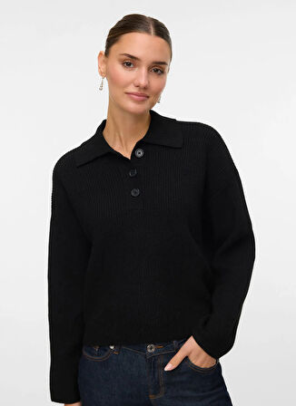 Vero Moda Polo Yaka Normal Siyah Kazak Kadın VMLUNA LS POLONECK SHORT PULLOVER B