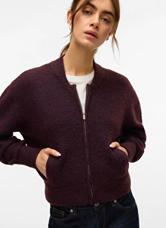 Vero Moda Fermuarlı Yaka Normal Bordo Kadın Kazak VMHANNA LS O-NECK ZIPPER CARDIGAN B