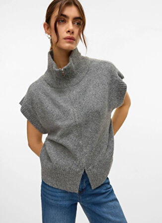 Vero Moda Fermuarlı Yaka Normal Gri Kazak Kadın VMBANG SL HIGHNECK ZIPPER VEST BOO
