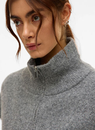 Vero Moda Fermuarlı Yaka Normal Gri Kazak Kadın VMBANG SL HIGHNECK ZIPPER VEST BOO