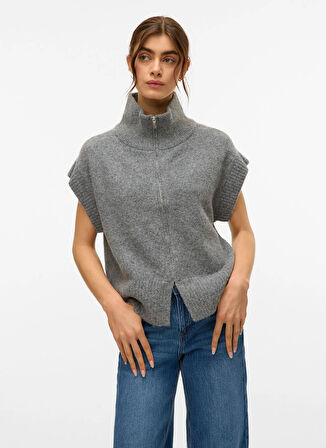 Vero Moda Fermuarlı Yaka Normal Gri Kazak Kadın VMBANG SL HIGHNECK ZIPPER VEST BOO