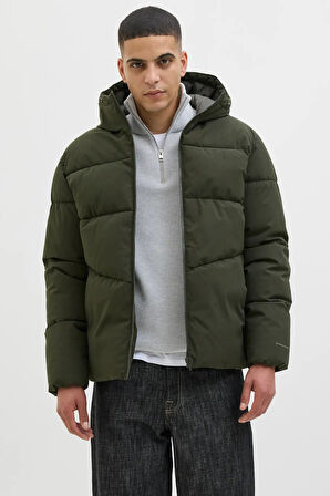 Jack & Jones Erkek Jjglobal Kapüşonlu Şişme Mont 12283517 Koyu Yeşil