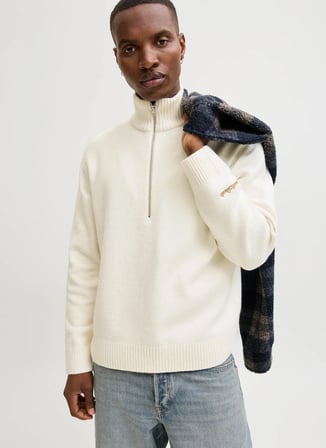 Jack & Jones Yüksek Yaka Beyaz Erkek Sweatshırt JORNORREBRO KNIT HALF ZIP SN