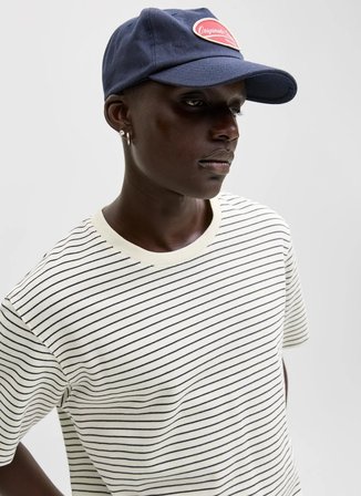 Jack & Jones Lacivert Erkek Rahat Çizgili T-Shirt 12288015 JJEDOVER STRIPED TEE CNECK