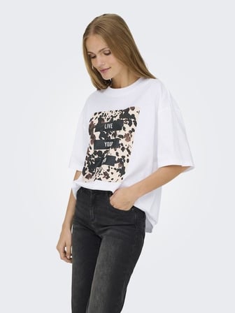 Only OnlRiri S/S AOP Print Top Box JRS Kadın T-Shirt Beyaz (15358200)