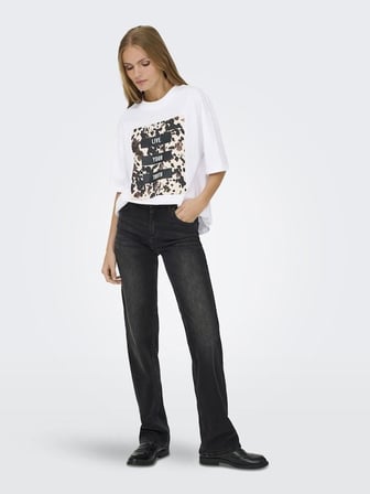 Only OnlRiri S/S AOP Print Top Box JRS Kadın T-Shirt Beyaz (15358200)