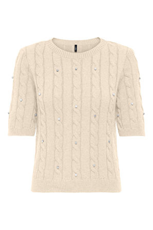 Only Kadın Onlsussı İnci ve Taş Süslemeli Kısa Kollu Örme Kazak 15352067 Ekru