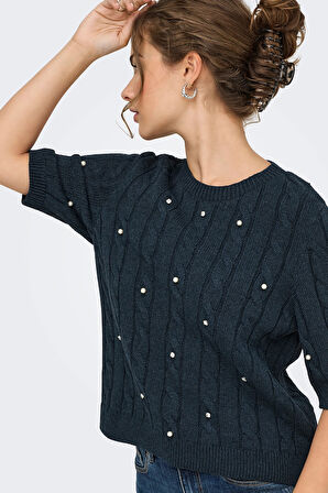 Only Kadın Onlsussı İnci ve Taş Süslemeli Kısa Kollu Örme Kazak 15352067 Lacivert